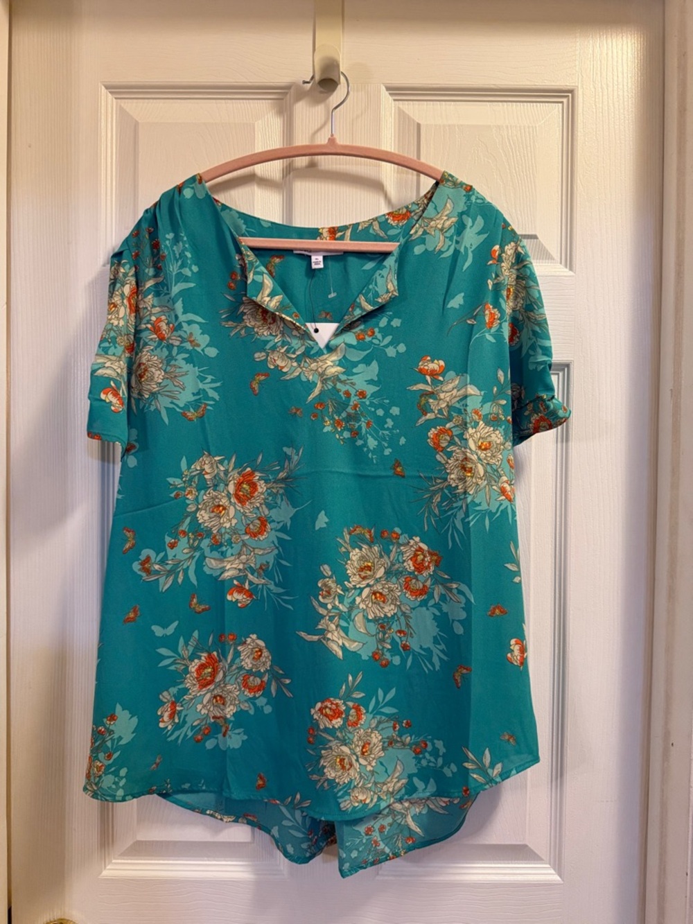 NWT XL DR2 Teal Floral Short-Sleeve V-Notch Tunic